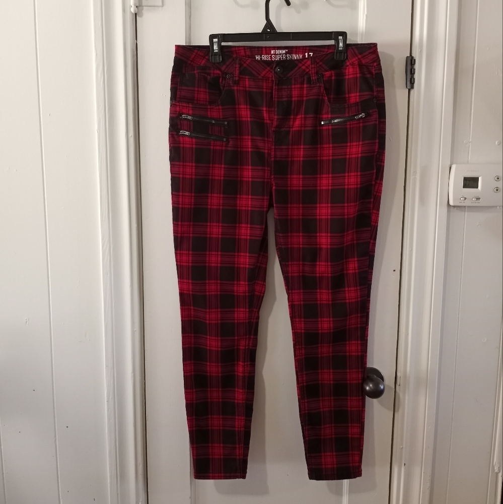 Hot Topic HT Hi Rise Super Skinny Red Black Plaid Jeans Junior Women's Size 17